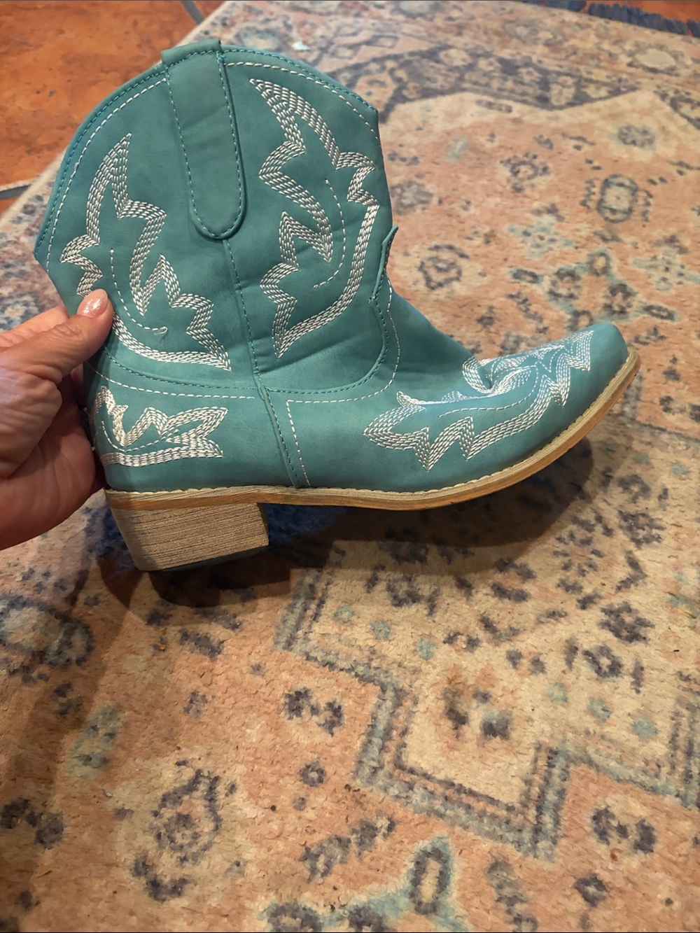 Teal Western Cowboy Boots with white Stitching - Picture 5 of 9